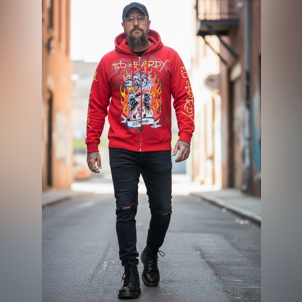 Ed Hardy Vibrant Red Full Zip Hoodie NWT